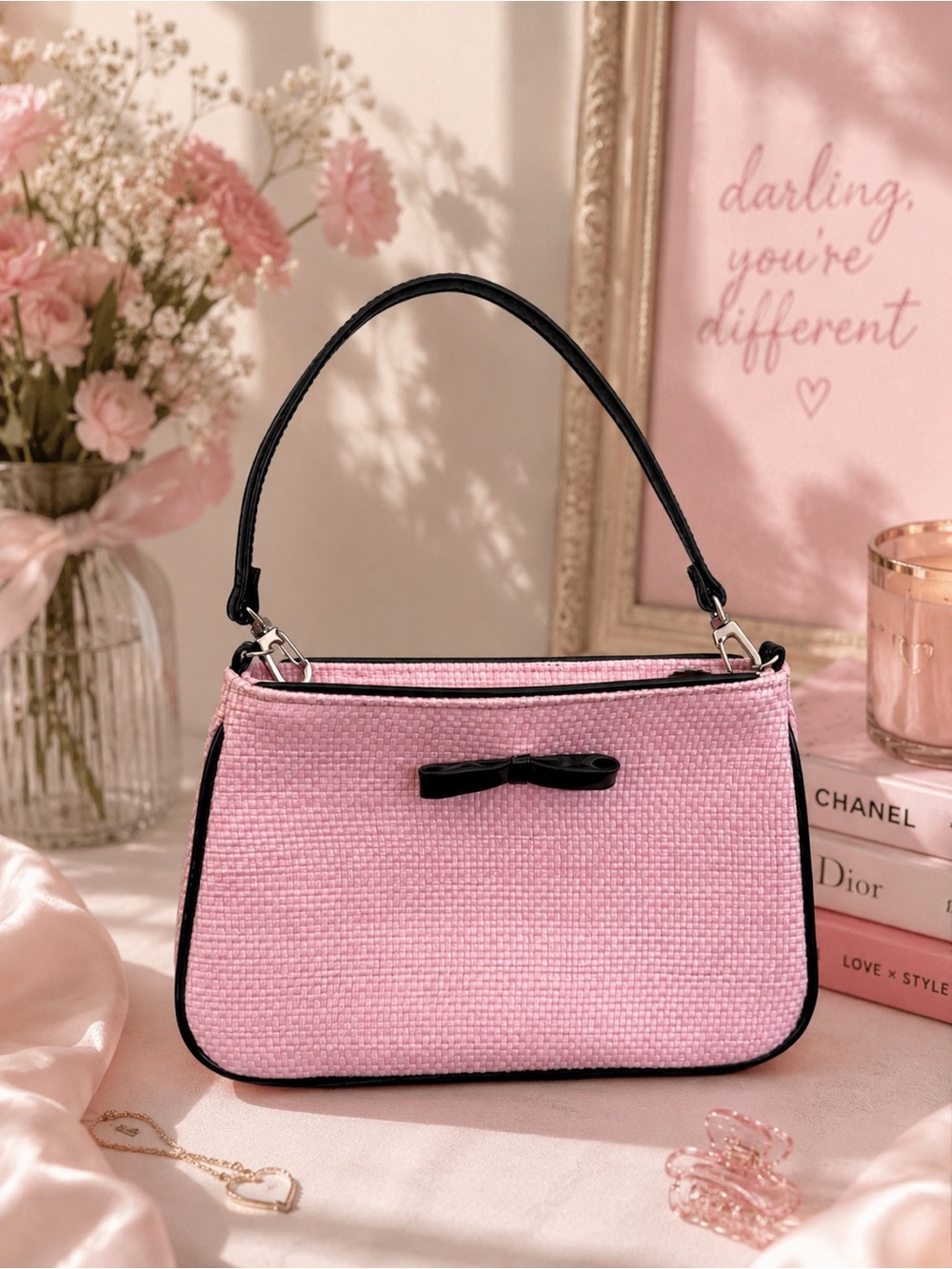 Lulu Guinness Pink Woven Shoulder Bag with Black Trim and Bow